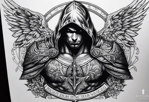 Arch angel hood fighting sword male tattoo idea