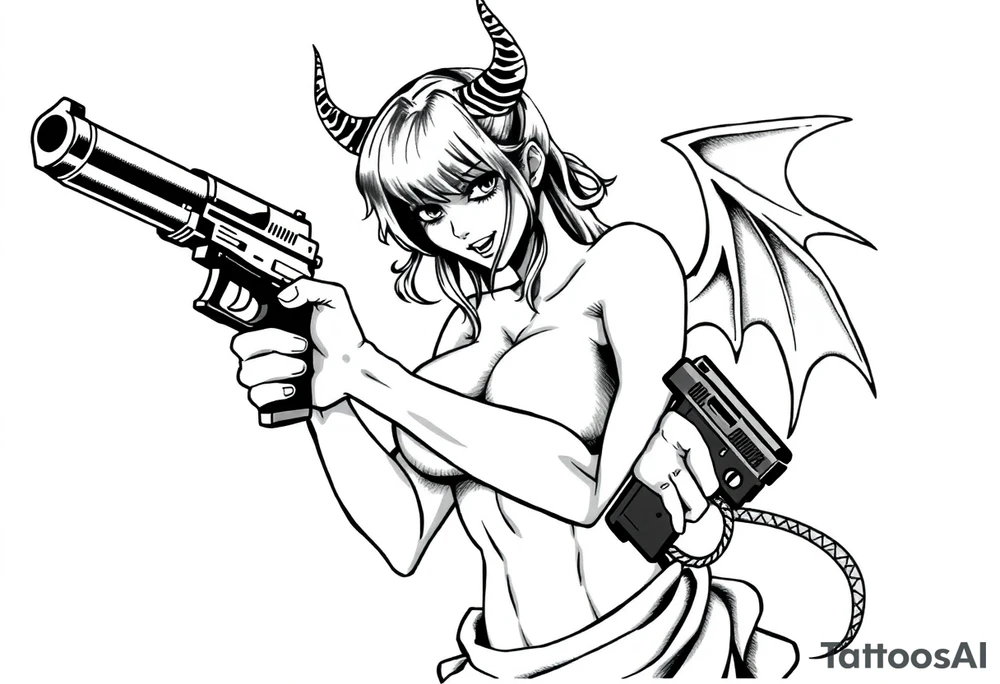 angry succubus holding gun, anime tattoo idea