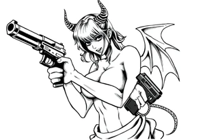 angry succubus holding gun, anime tattoo idea