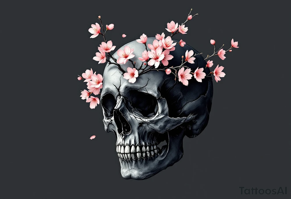 Cherry Blossom Growing from a Skull – A dark gray skull cracked open with cherry blossom branches emerging from it, blossoms in pale pink and rose, symbolizing beauty from decay. tattoo idea