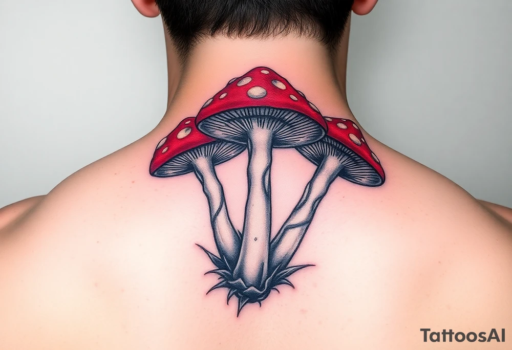 Anaglyph of 3 brightly colored psychedelic mushrooms tattoo idea