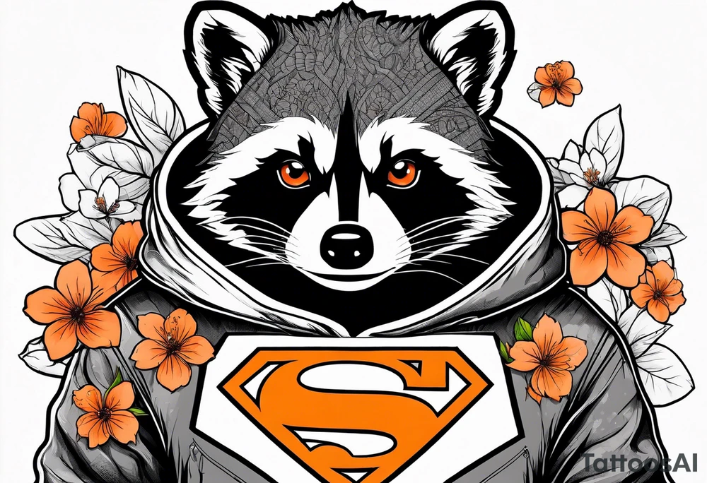 raccoon wearing a black and white Superman hoodie and orange Japanese cherry blossoms tattoo idea