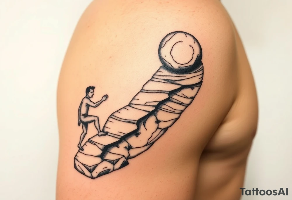 A man pushing a boulder up a spiraling hill going around my upper arm. I want the words “one must imagine Sisyphus happy” somewhere on my arm tattoo idea