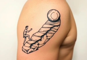 A man pushing a boulder up a spiraling hill going around my upper arm. I want the words “one must imagine Sisyphus happy” somewhere on my arm tattoo idea