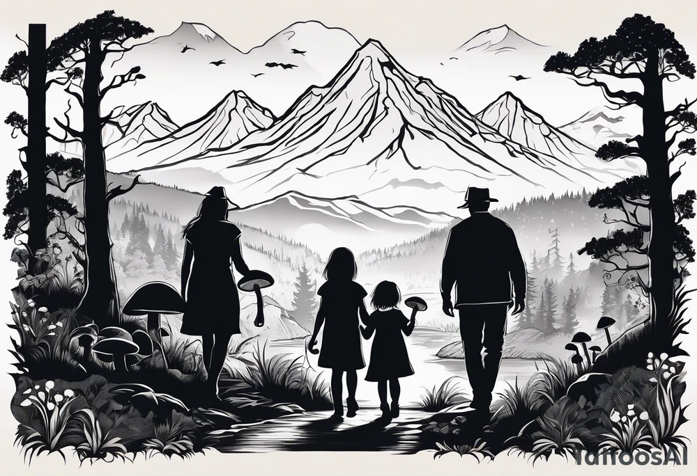 Family silhouette with a father, a mother, older son, older daughter, and small daughter foraging mushrooms with mountains and creek in background tattoo idea