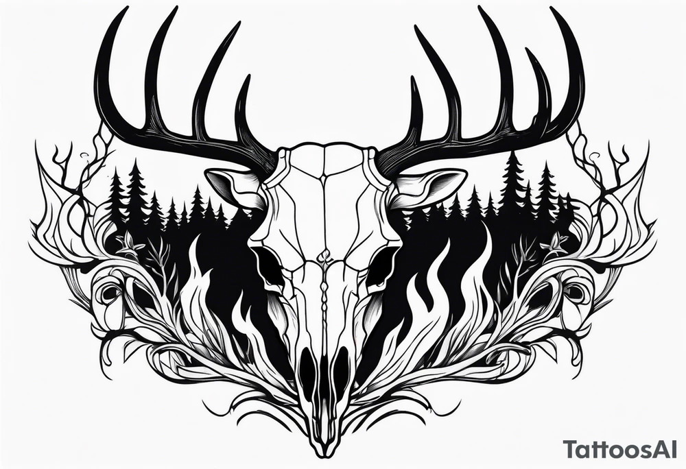 side profile of a deer skull JUST BONE surrounded by a flames and trees tattoo idea