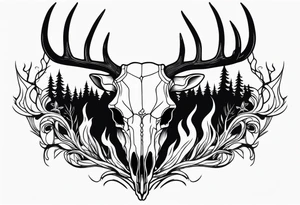 side profile of a deer skull JUST BONE surrounded by a flames and trees tattoo idea