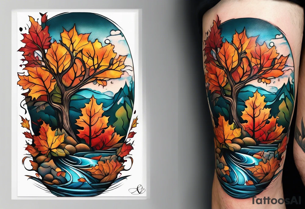 Knee tattoo with fall colors showing leaves, water flow and sky tattoo idea