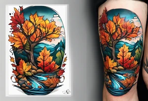 Knee tattoo with fall colors showing leaves, water flow and sky tattoo idea