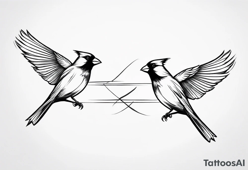 two cardinal birds flying facing eachother one high and one low
fine line with some shading tattoo idea