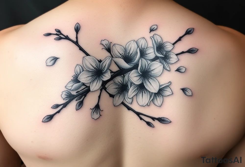 delicate cherry blossoms swirling in spring breeze with petals tattoo idea