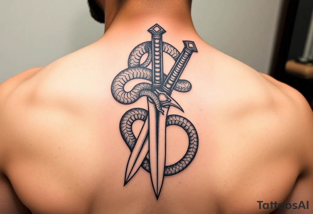 mystical snake coiled around an ancient dagger with jeweled hilt tattoo idea