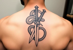 mystical snake coiled around an ancient dagger with jeweled hilt tattoo idea