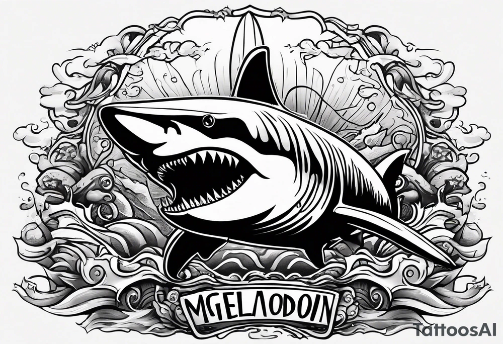 megalodon ni text vertically with the cute shark and the water wrapping around the text tattoo idea