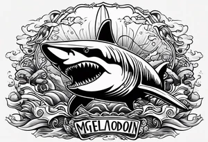 megalodon ni text vertically with the cute shark and the water wrapping around the text tattoo idea