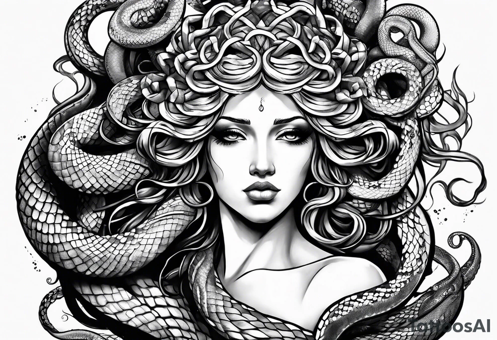 arm tattoo of Medusa as a statue with snakes for hair tattoo idea
