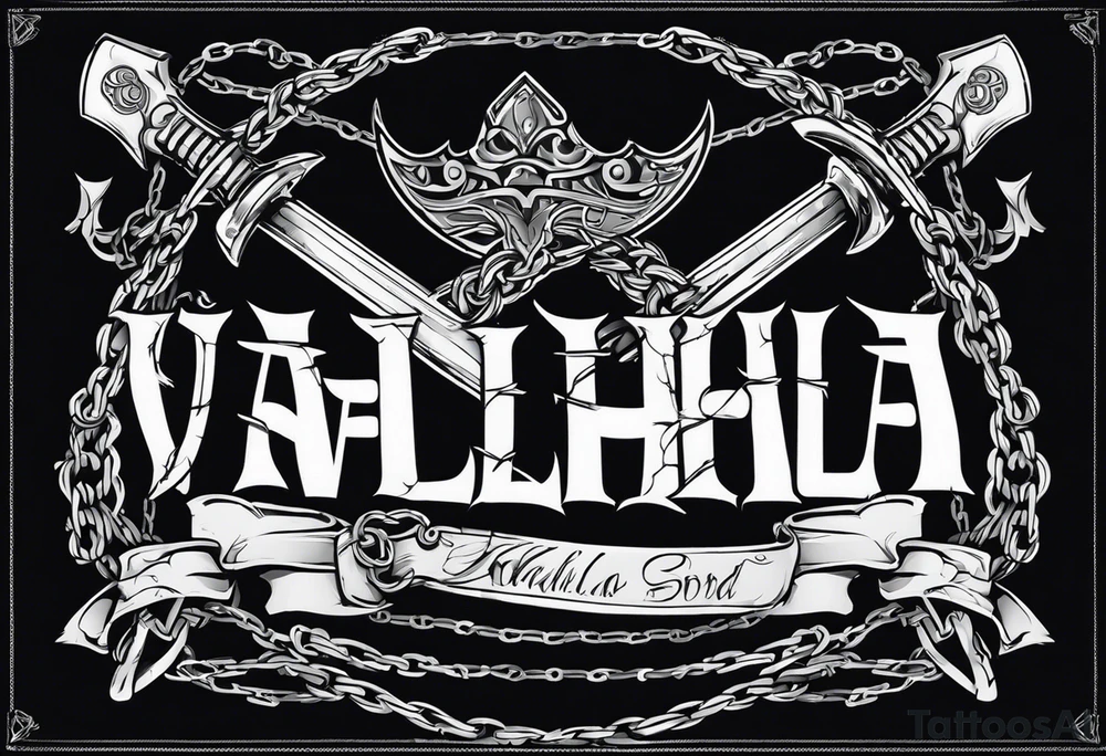 Valhalla sword shield axe barbed wire chains dark cloud tattoo idea