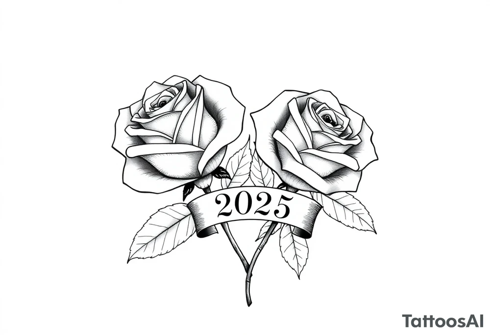 two beautiful large rose buds, one larger than the other, with lots and lots of leaves next to the rose buds, with one sitting slightly higher than the other, side-by-side.  Include a banner connecting the two roses with the year 2025 on it.   Use dark outlines with little shading. Remove all stems from the roses. tattoo idea