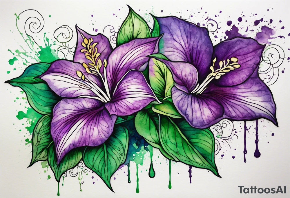 A mystical outline of a dipladenia flower and a green/purple watercolor splatter in the background to make the flower mainly green with purple highlights tattoo idea