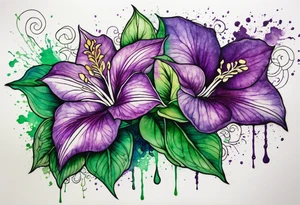 A mystical outline of a dipladenia flower and a green/purple watercolor splatter in the background to make the flower mainly green with purple highlights tattoo idea