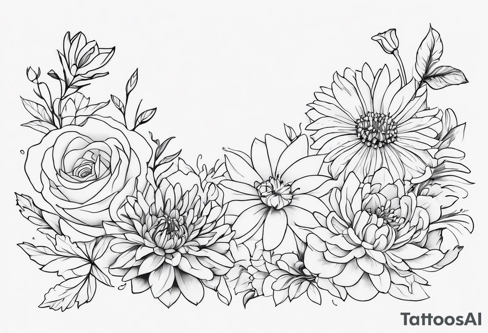 Asters, roses, lillies, and chrysanthemums in a long line tattoo idea