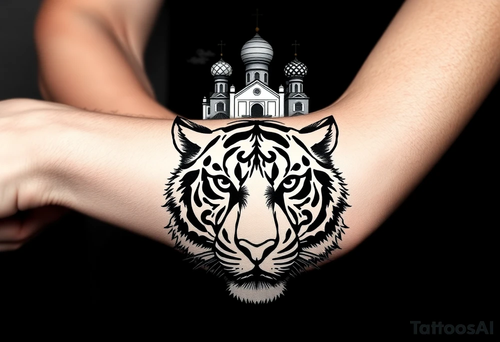 Realistic tiger face on the back of the hand with its eyes ALL black sitting beneath a Russian Orthodox cathedral sitting above on the top fore arm with onion domes and orthodox crosses. with clouds above and a virgin mary tattoo idea