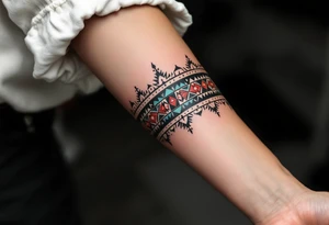 A navaho-inspired geometric band in red, turquoise, black, and white, wrapping around the arm. tattoo idea