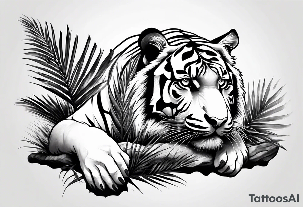 tiger laying on palm tree tattoo idea