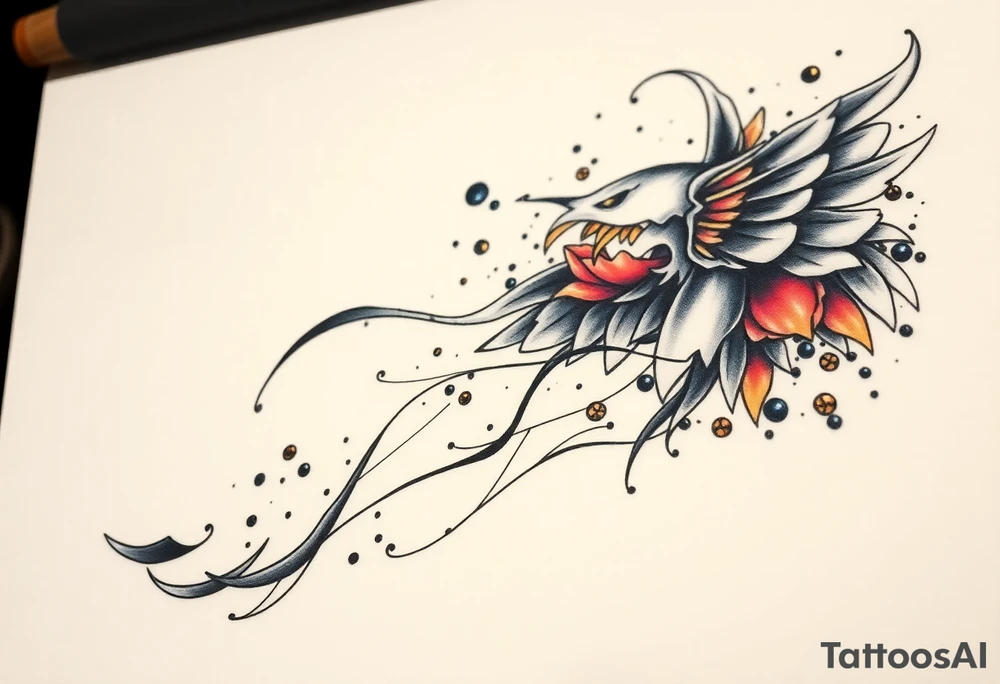 A tatuagem deve expressar força, liberdade e conexão com a multiplicidade da vida, incorporando elementos abstratos e fluidos, com linhas que sugiram movimento e transformação contínua. Evite clichês e busque um design original e significativo. Utilize técnicas de miimalismo, pontilhismo e aquarela. tattoo idea