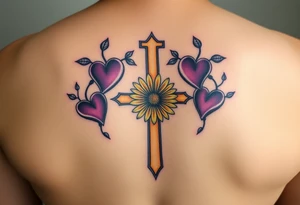 Purple Hearts & yellow Daisy around cross tattoo idea