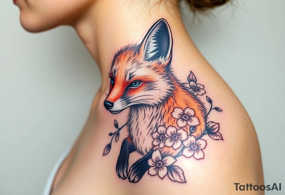 adult fox with jewelry smelling wild flowers tattoo idea