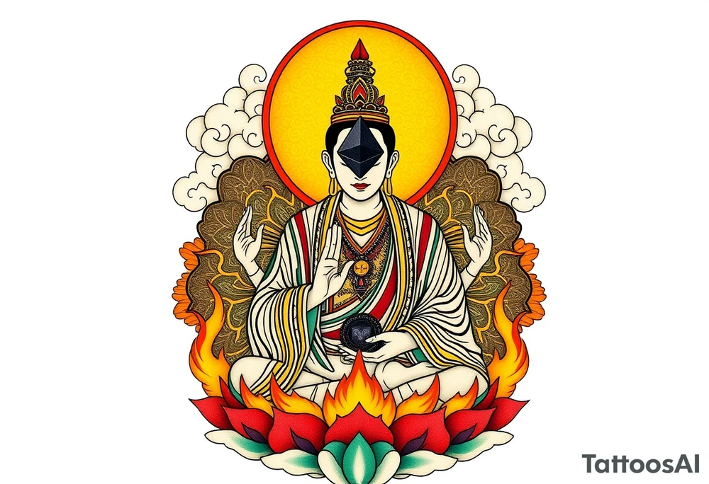 "Tibetan thangka tattoo with:  
1. DIGITAL DEITY:  
   - Central figure is a crypto wallet (QR-code face)  
   - Halo = Ethereum logo (геометрический узор)  
   - Hands in 'HODL' mudra (жест криптоадепта)  

2. TRADITIONAL ELEMENTS:  
   - Lotus throne → Server rack  
   - Clouds → Mining rig schematics  
   - Flames of wisdom → Binary code streams  

3. SECRET LAYERS:  
   - При ближайшем рассмотрении:  
     - QR ведёт на ранний рассказ Пелевина  
     - В узорах одежды спрятано '404 Nirvana Not Found'  
     - Мантра на свитке: 'To the Moon' на санскрите  

TECH SPECS:  
- Размер: 12x18cm (предплечье/спина)  
- Стиль: Нео-трайбл с элементами glitch art  
- Цвета: Чёрный + электрик-синий (только для QR) tattoo idea