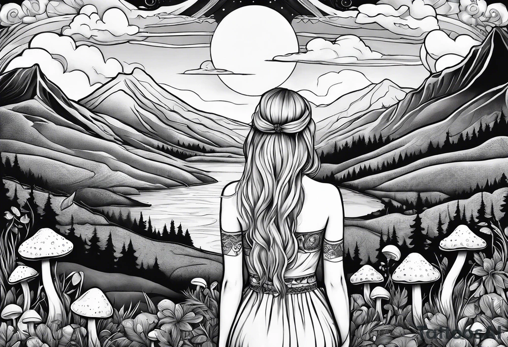 Straight blonde hair girl facing away mountains surrounded by mushrooms crescent moon tattoo idea