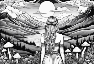 Straight blonde hair girl facing away mountains surrounded by mushrooms crescent moon tattoo idea