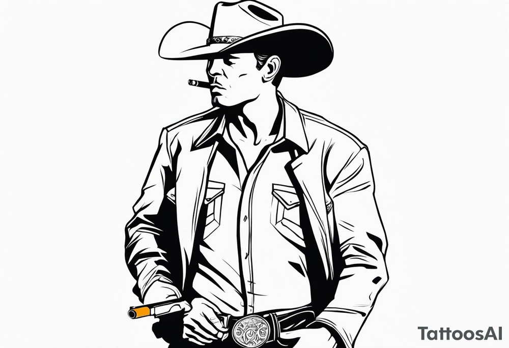 Western cowboy with a cigarette in his mouth and a gun holstered to his side tattoo idea