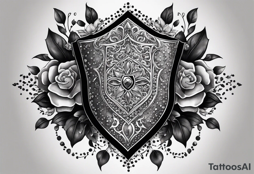 An Iron Shield endowed with diamond shaped gems along the trim, 3 different kinds of flowers create the crest, black vines with bright white thorns wrap and constrict the shield as a tattoo design" tattoo idea