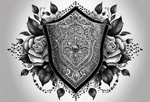 An Iron Shield endowed with diamond shaped gems along the trim, 3 different kinds of flowers create the crest, black vines with bright white thorns wrap and constrict the shield as a tattoo design" tattoo idea