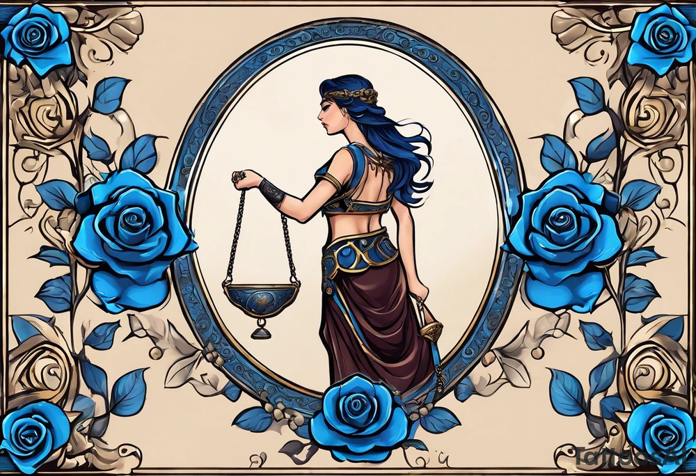 ancient rome clothes ,women,,ancient scale in one hand, blue rose frames, ladies justicia ,keeps  scale tattoo idea