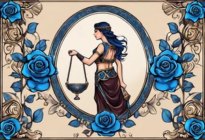 ancient rome clothes ,women,,ancient scale in one hand, blue rose frames, ladies justicia ,keeps  scale tattoo idea