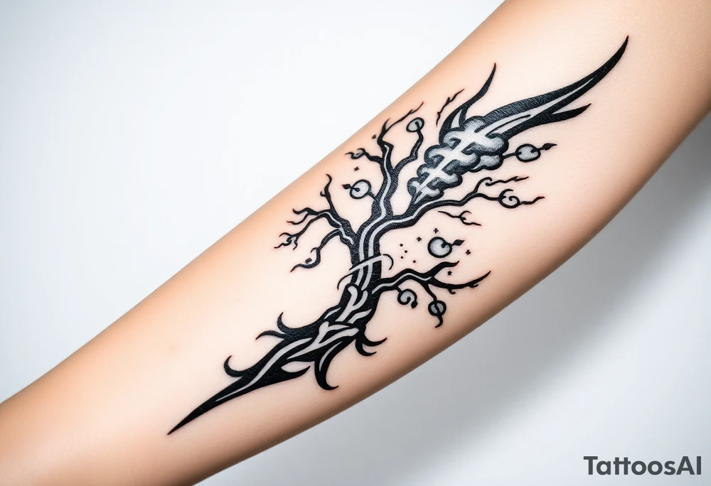 right arm sleeve, tree branch made of stone, clouds and lightning mixed throughout, tattoo idea