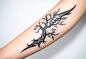 right arm sleeve, tree branch made of stone, clouds and lightning mixed throughout, tattoo idea