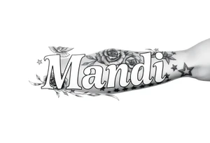 Name Mandi with roses and stars, Egypt theme tattoo idea
