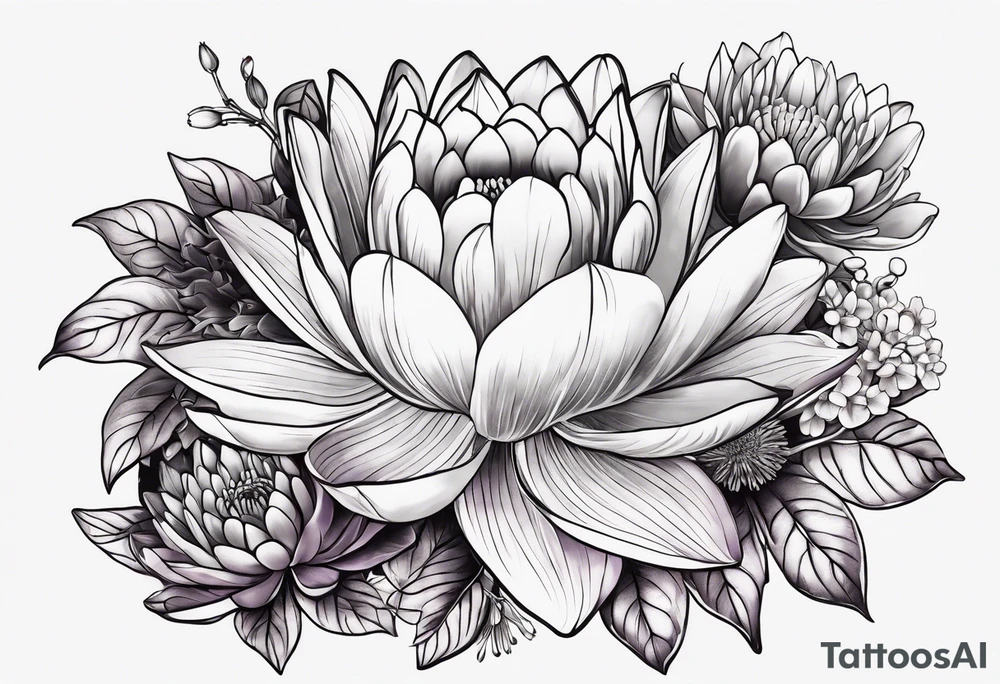 bouquet with violet, water lily, holly, carnation and chrysanthemum tattoo idea