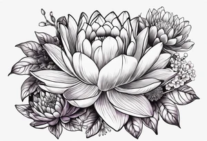 bouquet with violet, water lily, holly, carnation and chrysanthemum tattoo idea