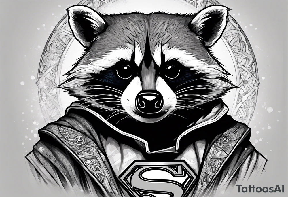 raccoon wearing a Superman hoodie tattoo idea