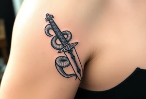 mystical snake coiled around an ancient dagger with jeweled hilt tattoo idea