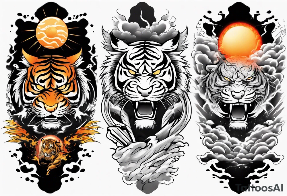 Tiger Warrior sleeve tattoo with lightning and the sun
Forearm sleeve tattoo idea