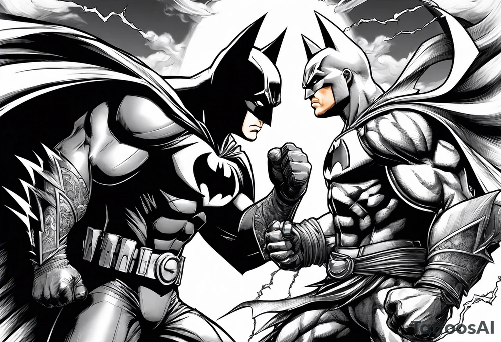 Batman and goku having a faceoff with lightning around it tattoo idea