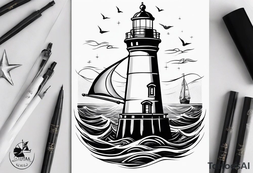 phare maritime sur un petit bateau a voiles. tattoo idea phare maritime sur un petit bateau a voiles. tattoo idea