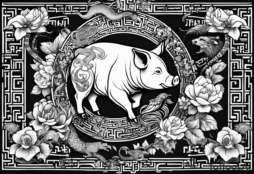 I want a tattoo of a pig, rat, snake, dog, and tiger all together representing the years my children were born in Chinese new years tattoo idea